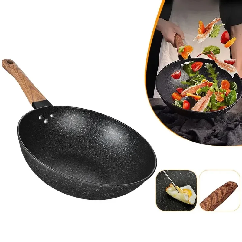 12.5inch Iron Cooking Pot Non Stick Wok Frying Pan Maifan Stone Coating Flat Bottom Cookware Household  Chinese Wok Stir-Fry Pan