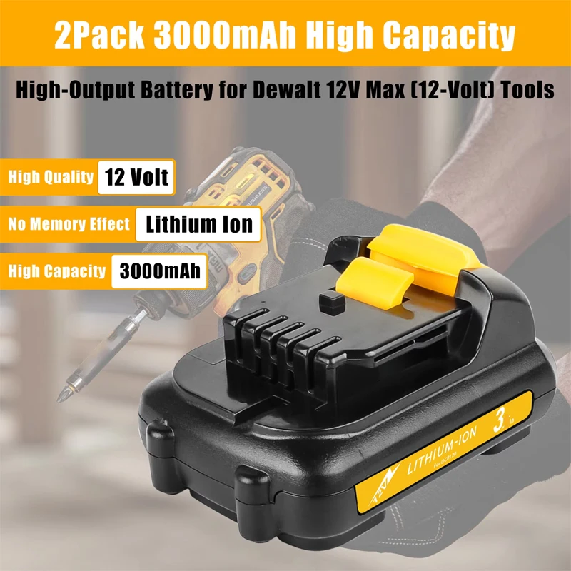 2 PCS for Dewalt 12V Rechargeable 3000mAh 18650 Lithium Replacement Battery For Dewalt DCB120 DCB182 DCB200 DCB609 Tool Battery