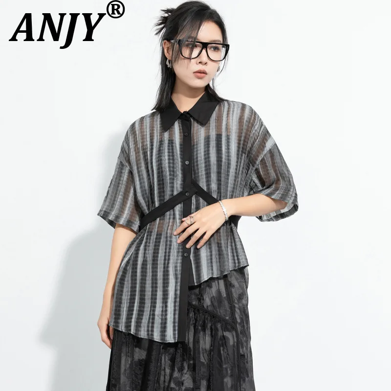 

ANJY Summer New Women Fashion Color Block Striped Spliced Short Sleeve Shirt Trend Irregular Design Slim Sheer Ins Blouse A21479