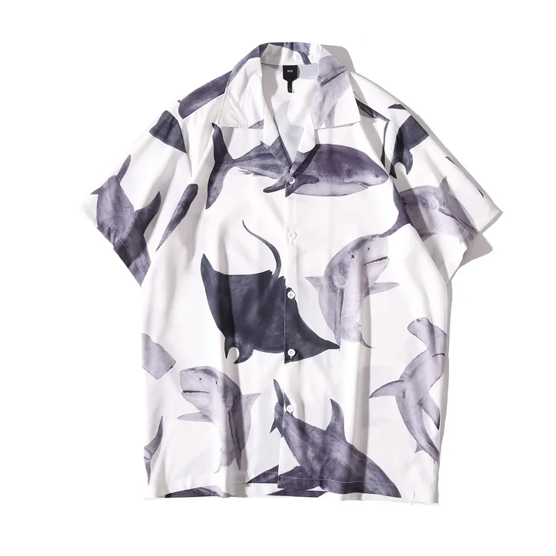 Men Summer Beach Hawaiian Shirt Short Sleeve Shark Print Casual Holiday Party Clothing Men High Street Casual Devil Fish Shirt