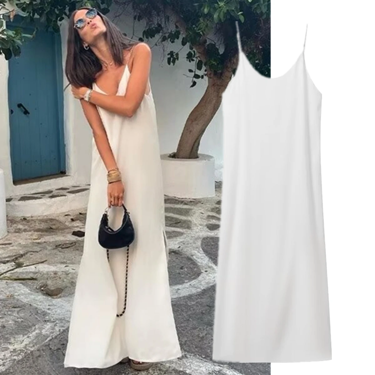 Maxdutti White Color Fashion Elegant Summer Vestidos French Dress Women Minimalist Satin Camisole Midi Dress