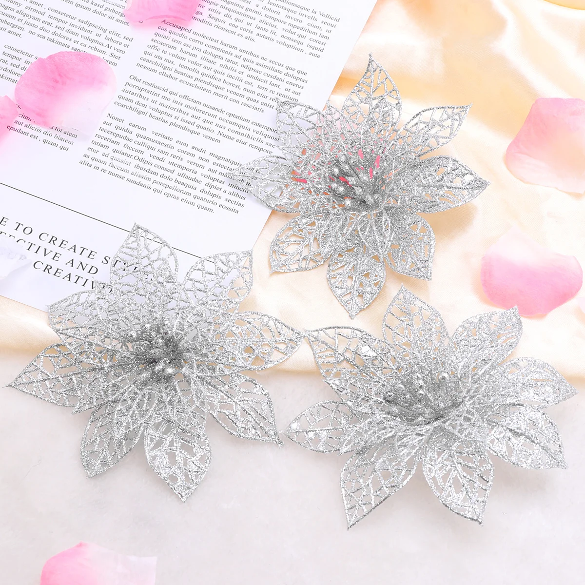 

10Pcs Silver Christmas Artificial Flowers Simulated Decorative Flowers for Christmas Tree Wedding Party Birthday Garden Use