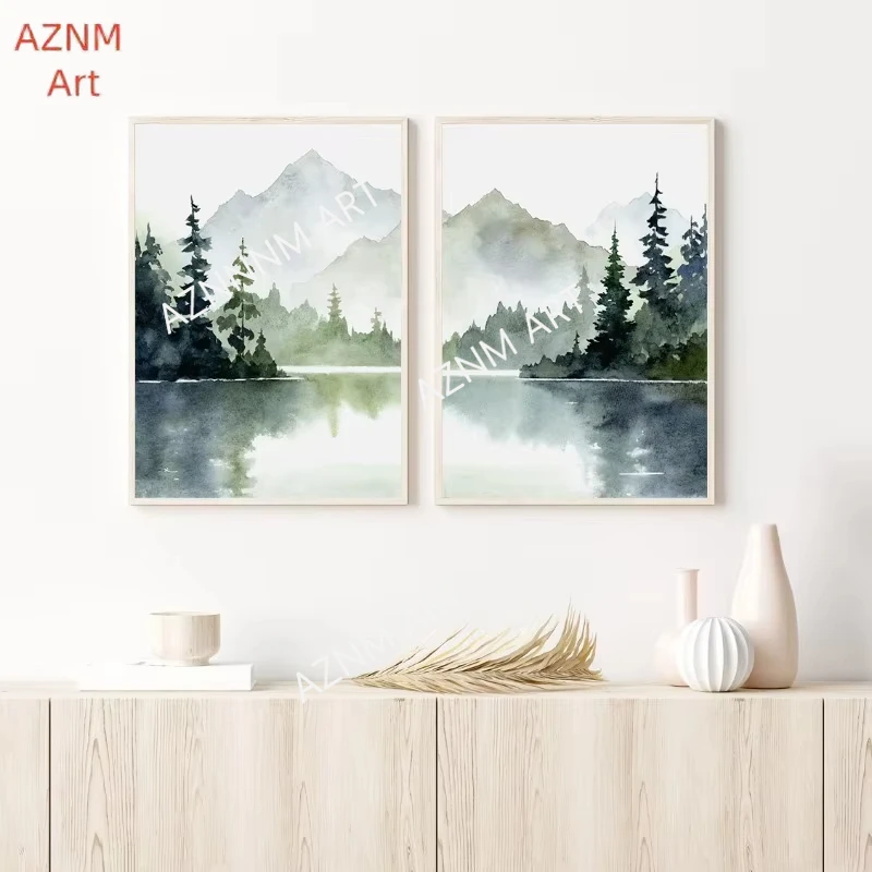1/2Pcs Misty Mountain Lake Watercolor Posters Prints Teal Foggy Forest Tree Canvas Painting Wall Art for Living Room Home Decor