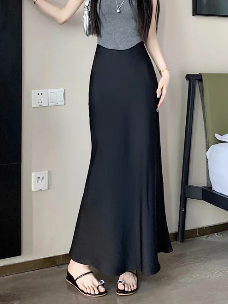 Summer Satin Skirt 2024 Women\'s Long Skirt Silk High Waisted Slim Fashion Korean Solid Champagne Black Midi Skirts for Women