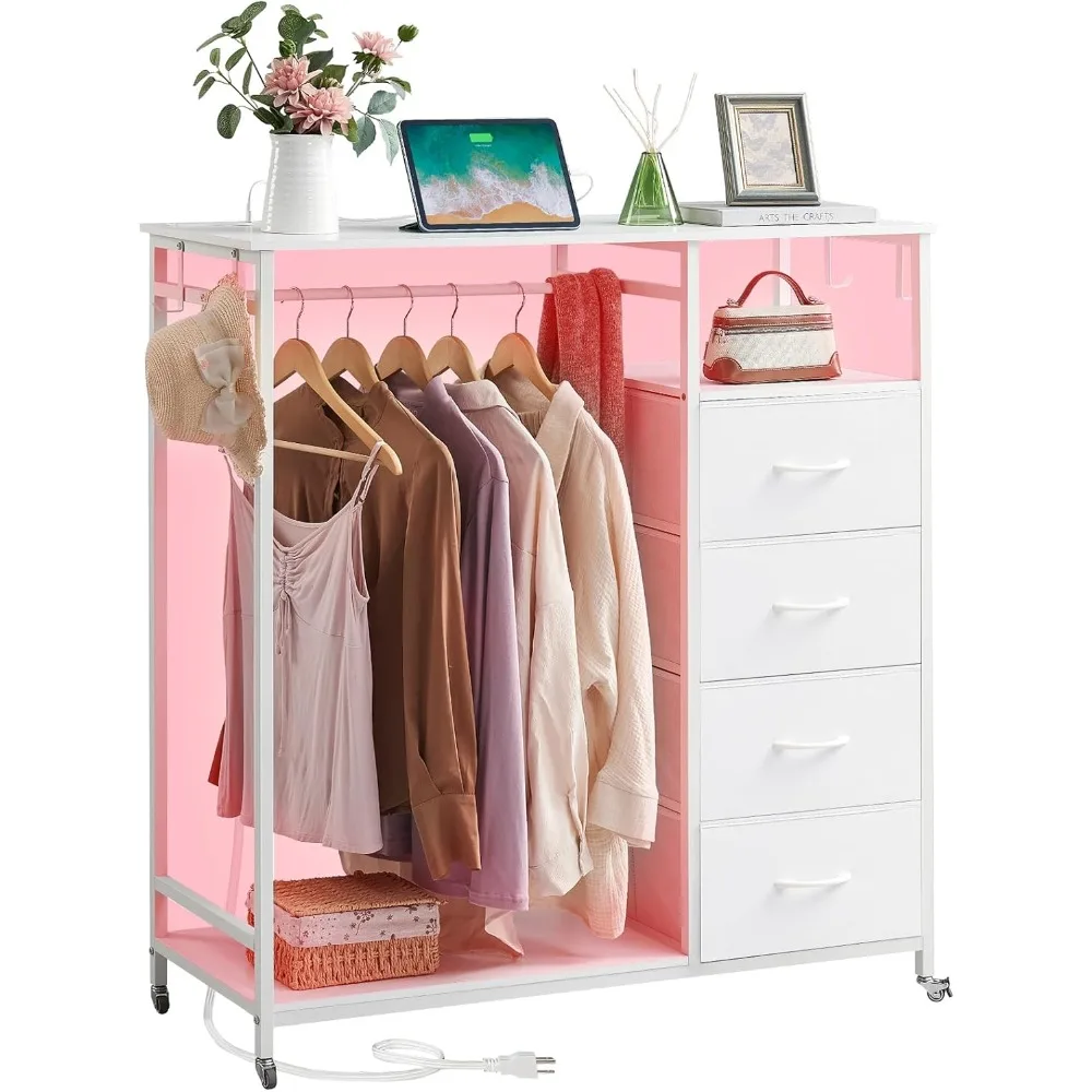 

Somdot White Dresser for Bedroom with Hanging Rack LED Lights and Charging Station, 4 Drawers Dresser with Clothes Rack