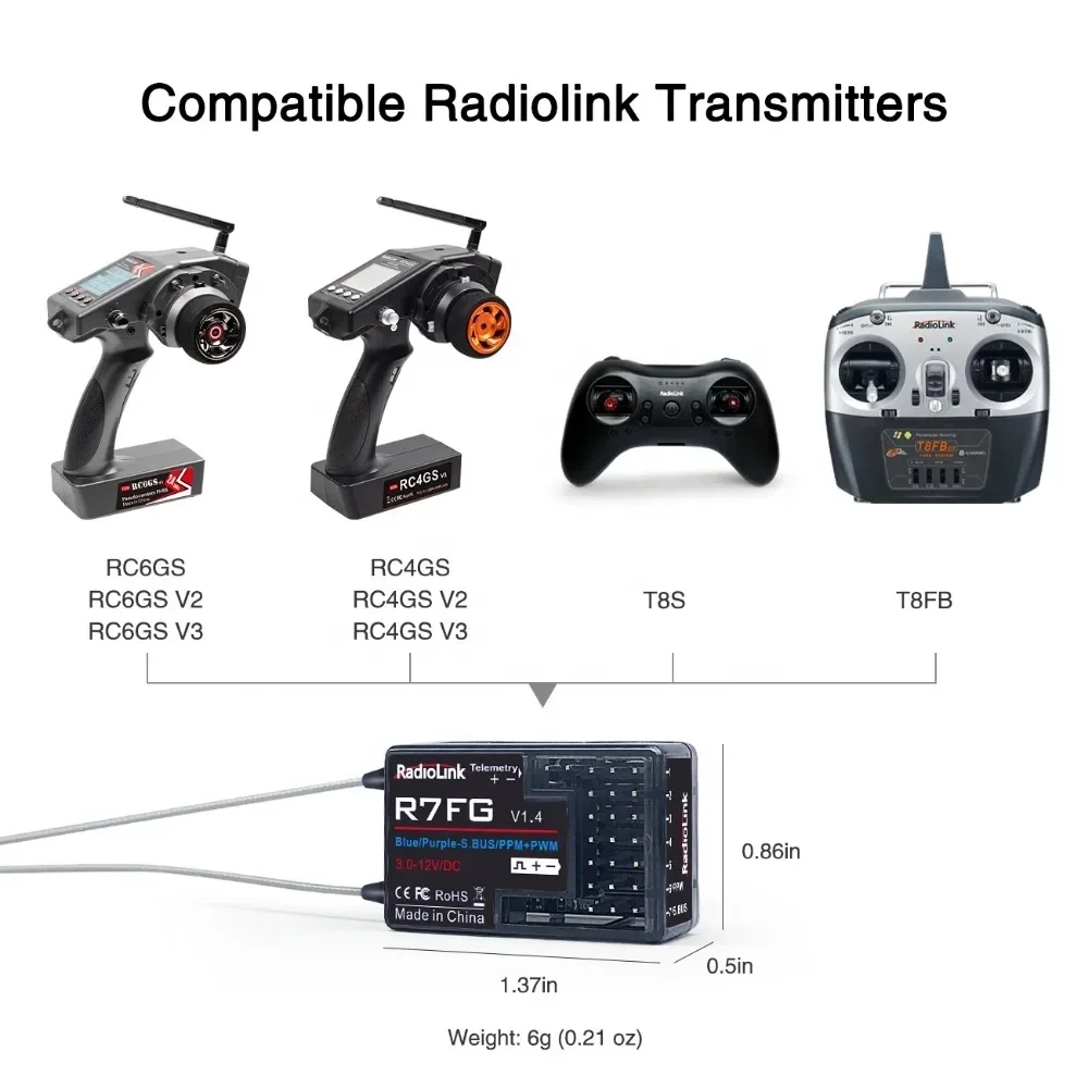 RadioLink R7FG هوائي مزدوج 2.4 جيجا هرتز جهاز استقبال الدوران 7CH نقل الجهد لـ RC6GS RC4GS الارسال RC قطع غيار السيارات والقوارب