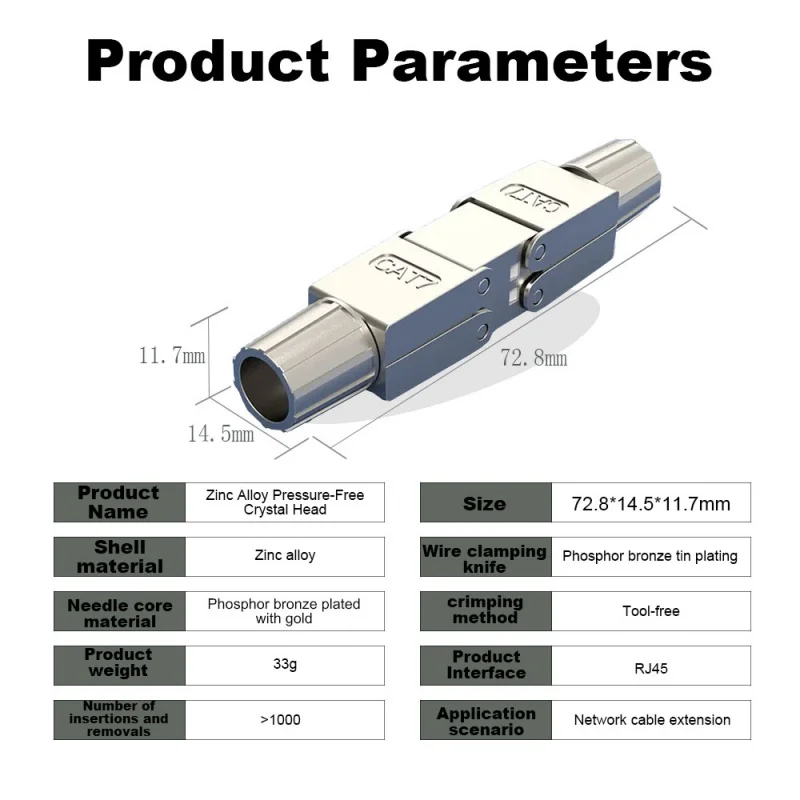 Tool-free RJ45 Couple shielded Tool less Ethernet Cable Ethernet Cable Extender PoE ＋for Cat6A Cat 7 Network Cables