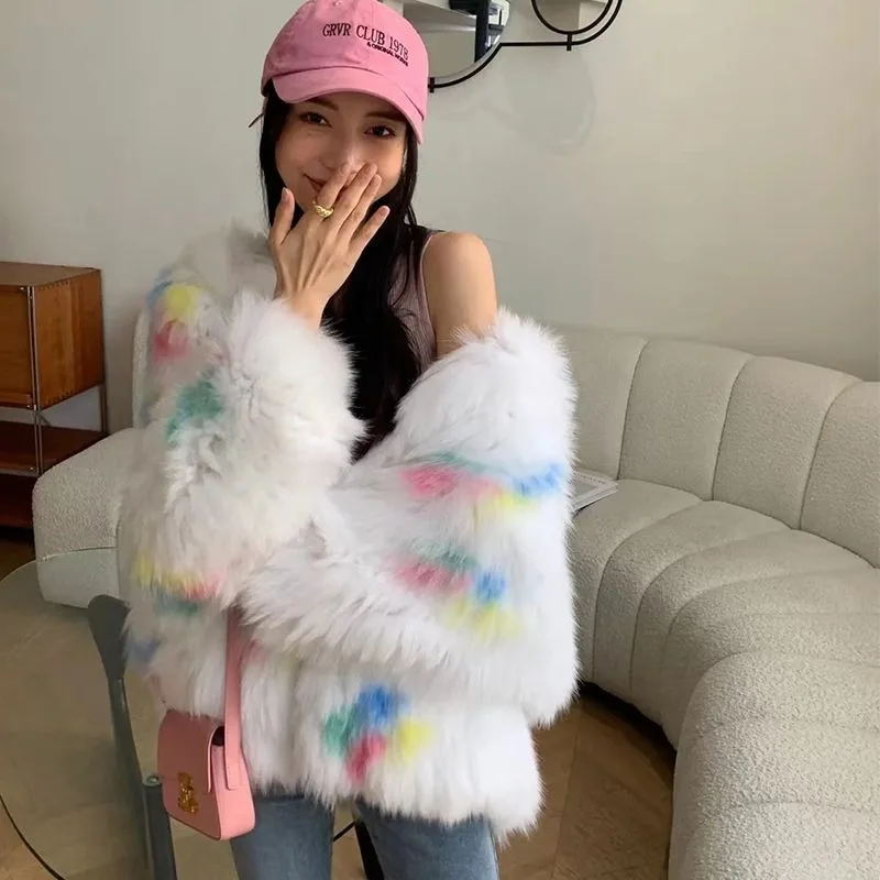 Fall Winter Versatile Lazy Wind Super Thick Imitation Fox Environmentally Friendly Thickened Fur Integrated Hooded Fluffy Jacket