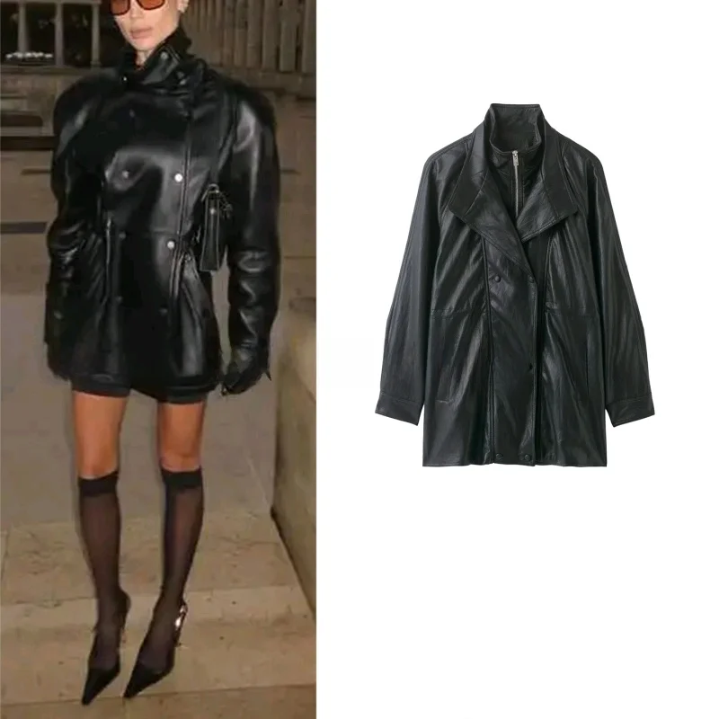 

Winter New Women's Retro Coin Long Sve Stand Collar PU Leather Jaet Mid-Length Coat Casual Loose Fit Zipper Closure