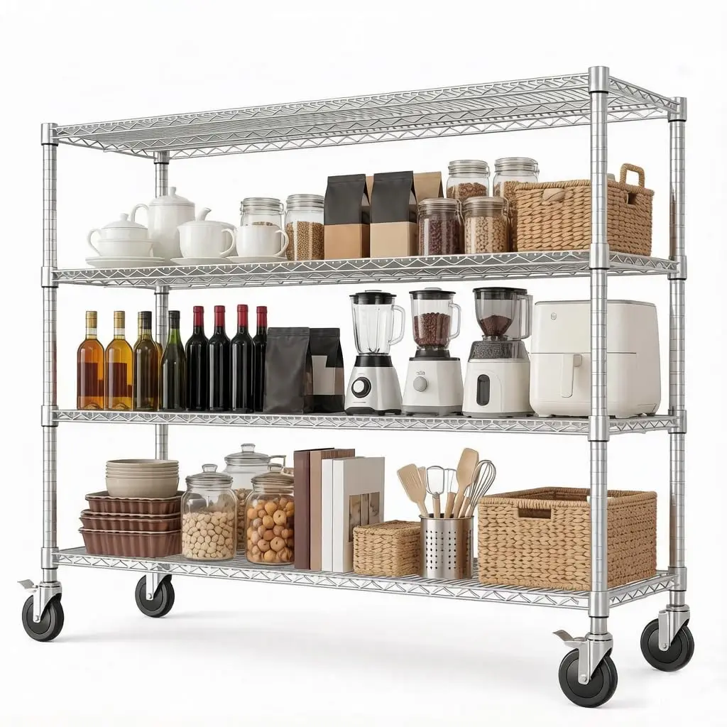 4-Tier Metal Wire Storage Rack with Wheels, Customized
