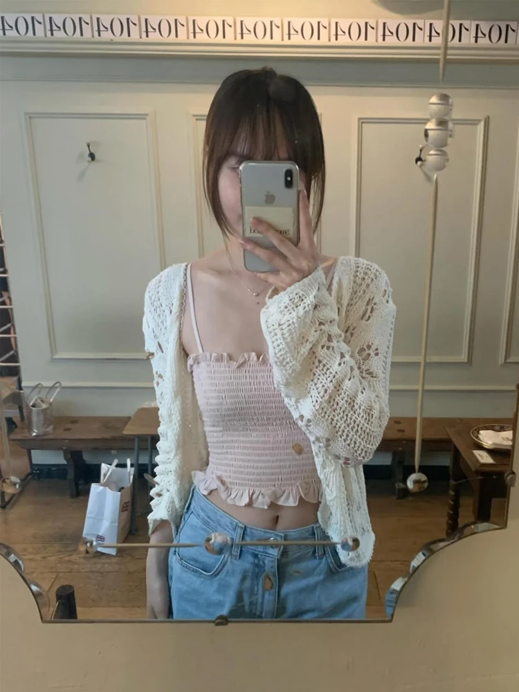 

Tannat Autumn 2025 New Women's Long Sve Thin Pure Cotton Knitted Hollow out Cardigan Warmth Emitting V-ne ort Length