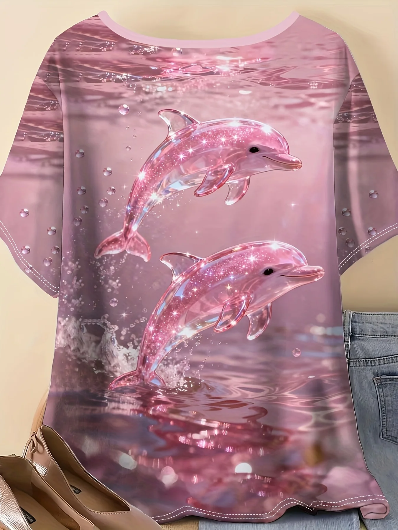 Women Crew Neck Short Sleeve T‑Shirt, Sparkly Pink Dolphins Ocean Water Wave Glitter Art Graphic Tee