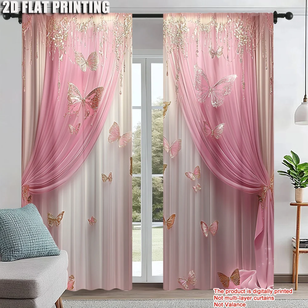 2Pcs Decorative Art Style Window Curtains Elegant Drapes Suitable For Living Room Bedroom Kitchen Bathroom Home Decoration Pink