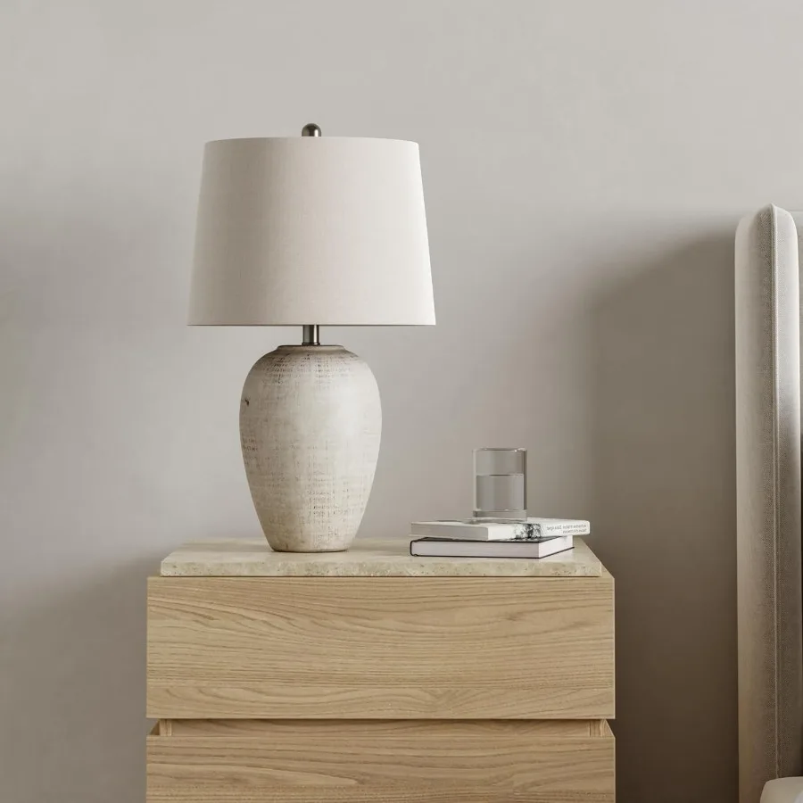 Accueil 23" lampe de table en pot en céramique rustique crème en détresse/beige pour chambre salon salle à manger bureau avec abat-jour ivoire