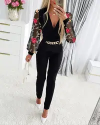 Mono Sexy de manga larga con cuello en V profundo para mujer, mono de una pieza con decoración de cadena elegante negra para fiesta, primavera y otoño, 2024