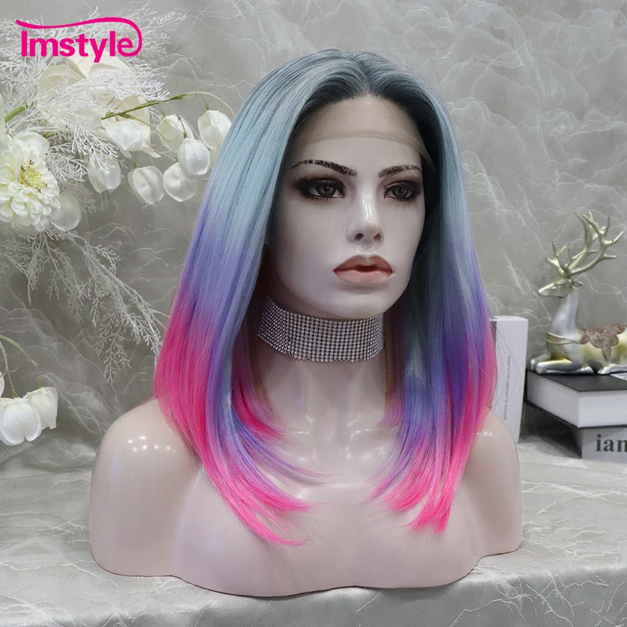 Imstyle-Perruque Lace Front Synthétique Lisse et Colorée, Postiche de Cosplay en Fibre, Bleu Pueple Rose Ombré, Degré de Chaleur