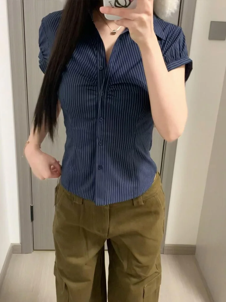 

Женский топ в полоску в стиле ретро ort Sve irt, лето 2022, новый утягивающий топ, повседневный крой на пуговицах, новинка 2023 года