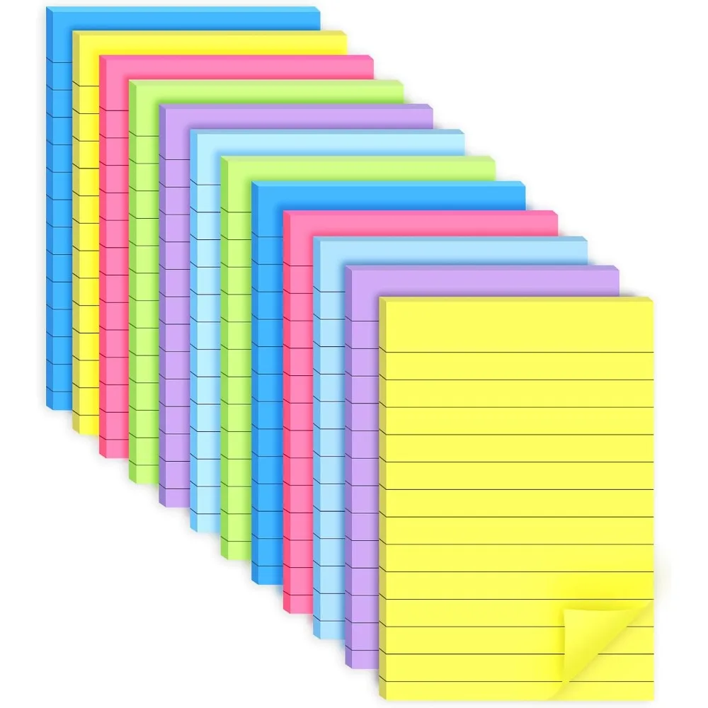 Lined Sticky Notes 4x6 Inch 12 Pack Bright Colors Self Stick Note Pads with Lines Colorful Memo Pads Bulk for School Office Meeting Supplies