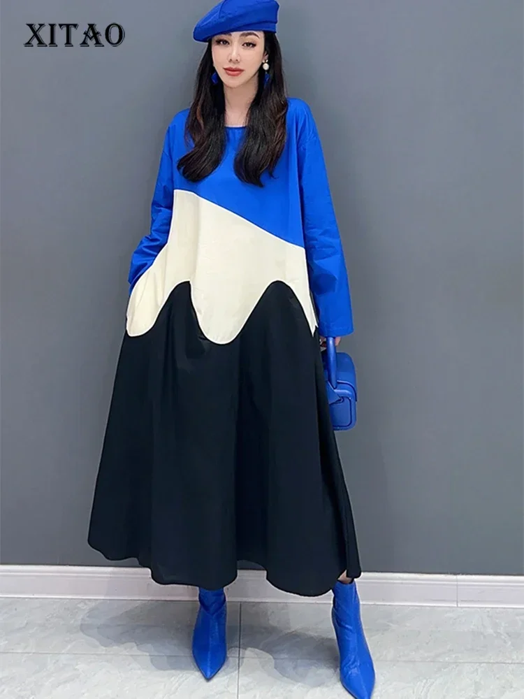 

XITAO O-neck Patchwork A-line Dress Long Sleeve Loose Casual All-match Goddess Style Spring Women 2025 New Dress DMJ3968