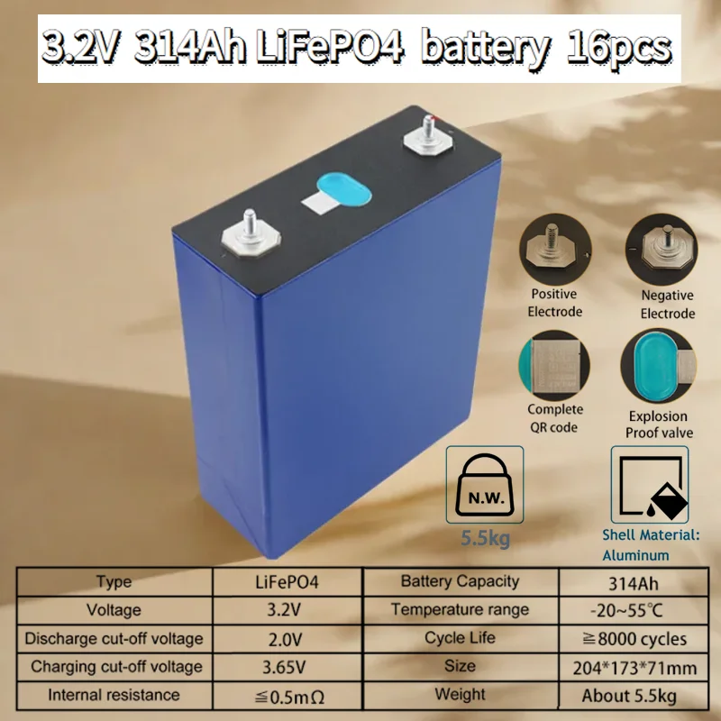 16PCS 3.2V 314AH Lifepo4 battery new lithium iron phosphate DIY RV electric boat golf cart household energy storage battery pack