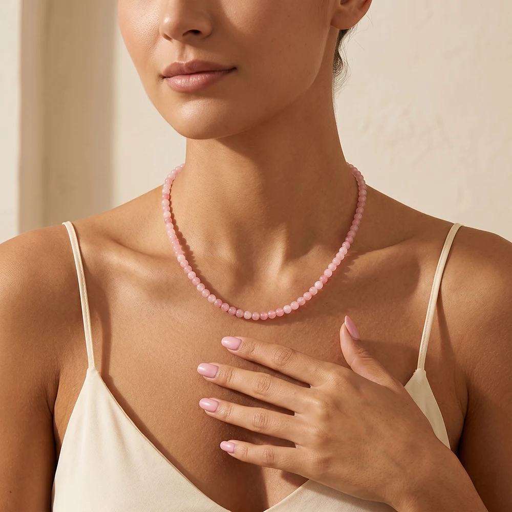 Boho Pink Natural Stone Beaded Necklace For Women, Bohemian Stackable Choker, Trendy Beach Vacation Jewelry Gift