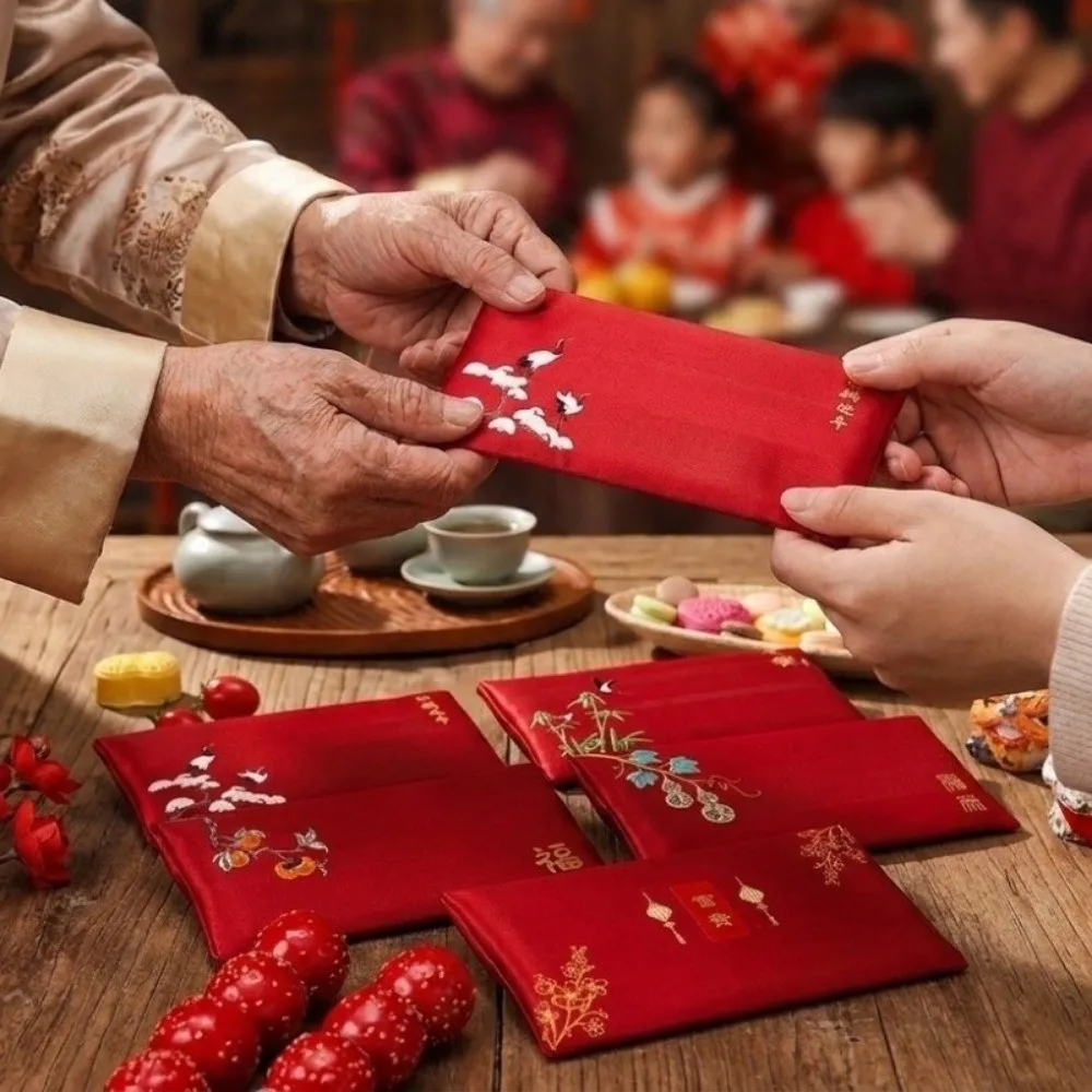Satin Fabric Fabric Red Envelope Red Embroidery Pattern New Year Red Packet Large Capacity New Year Blessing Words