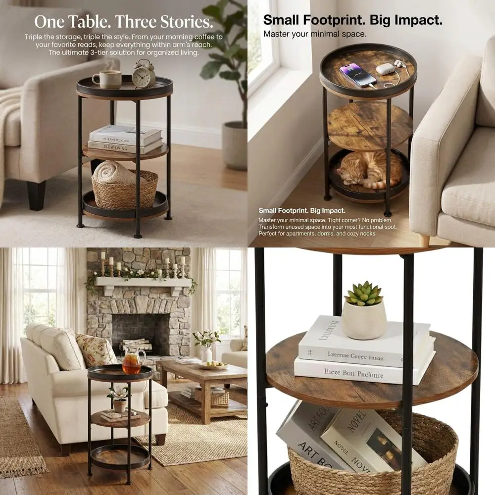 

Industrial-Style Round Coffee Table with 3 Shelves for Small Spaces: Rustic Brown Accent Table for Living Room, Bedroom, or Outd