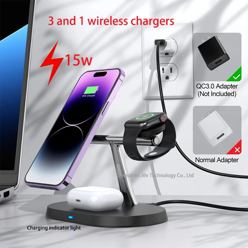 2025 وصول جديد 25 واط 3 في 1 محطة شحن لاسلكية سريعة آيفون 12/13/14/15/16/17 برو ماكس لساعة أبل وسماعات الأذن