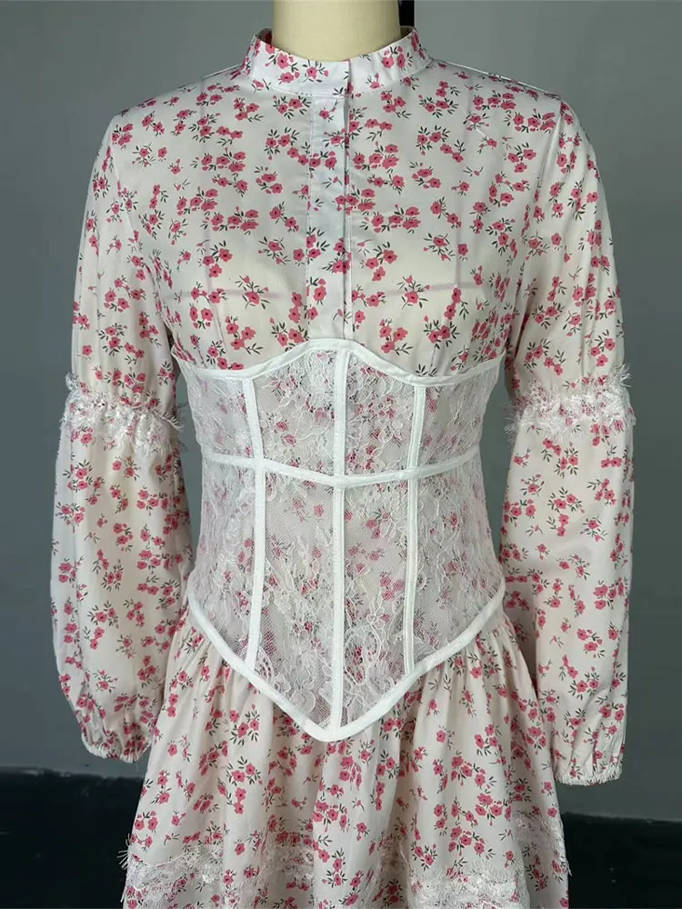 Damen-Minikleider mit Aufdruck, Taillenschnürung, Laternenärmeln, Kurzkleid mit O-Ausschnitt, Spitzen-Patchwork, Schlanker Schnitt, Partykleidung, Neu – Detail 8