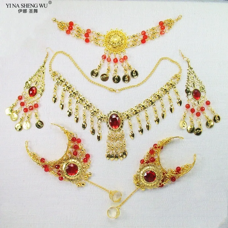 Dance Accessories Indian Dance Belly Dance Necklace Bracelet Earrings Head Chain Six-piece Dance Performance Jewelry Set Women