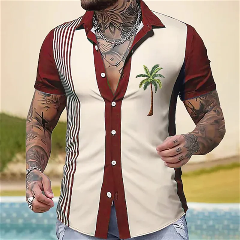 Summer Hawaiian Shirt Striped Shirt Coconut Tree Loose Casual Shirt Men\'s Beach Lapel Single Buckle Short-sleeved Fashion Clothe