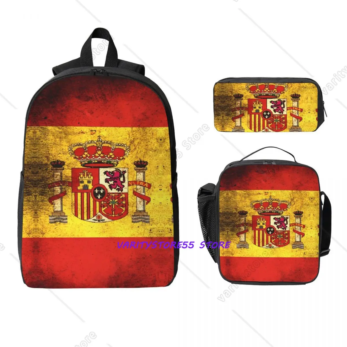 3Pcs Flag Of Spain Prints Backpack Set for Kids Pen Bags Bookbag Sets with Lunch Box For School Students Knapsack