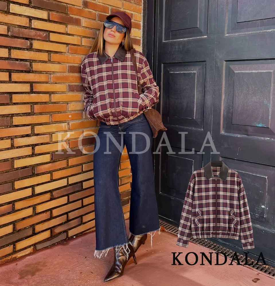 KONDALA Casual Plaid Jacket PU Leather Collar Women Vintage Holiday Lapel Zipper Jacket 2026 Spring Summer Trendy Female Jacket