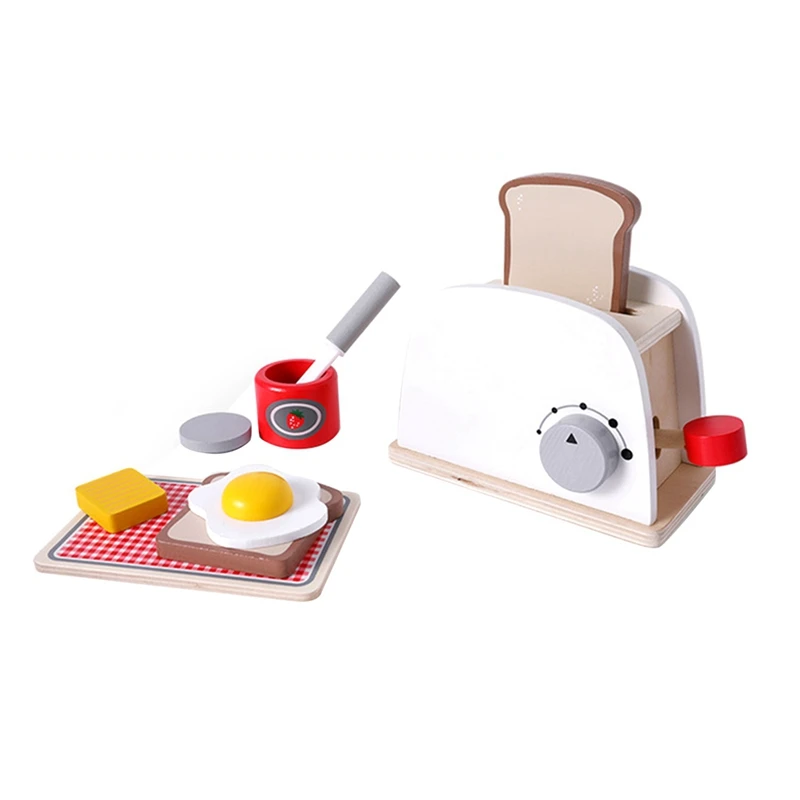 Torradeira de madeira brinquedo jogar acessórios de cozinha jogar comida pão, manteiga, ovo escalfado corte fingir brinquedos para criança fácil de usar