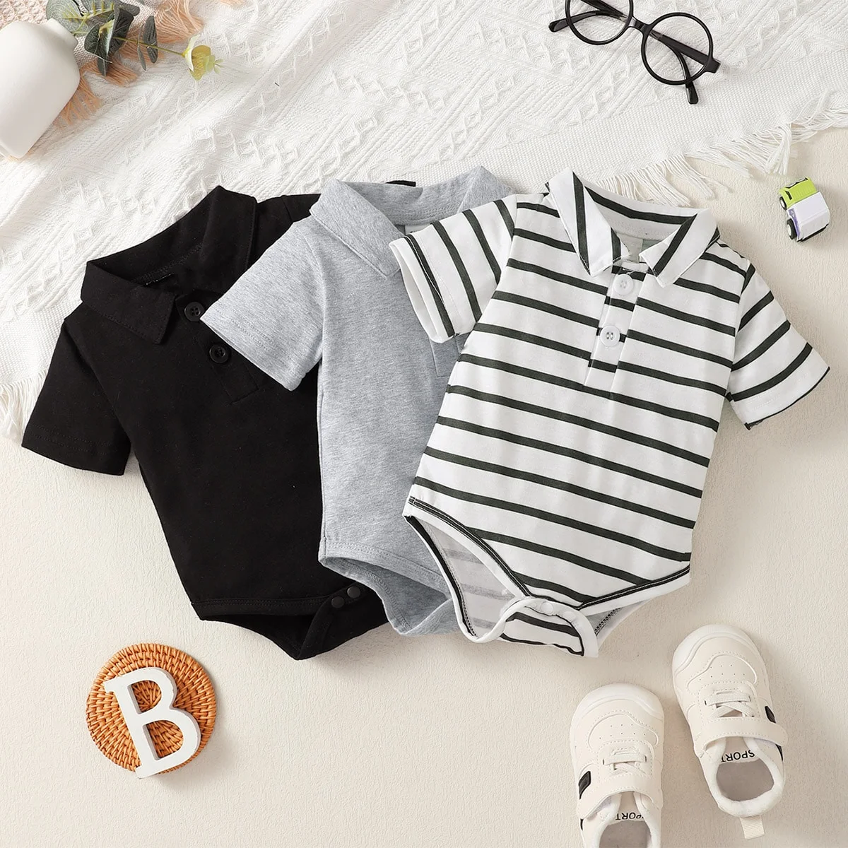 Summer Baby Boy 3pcs Striped Polo Neck Bodysuit