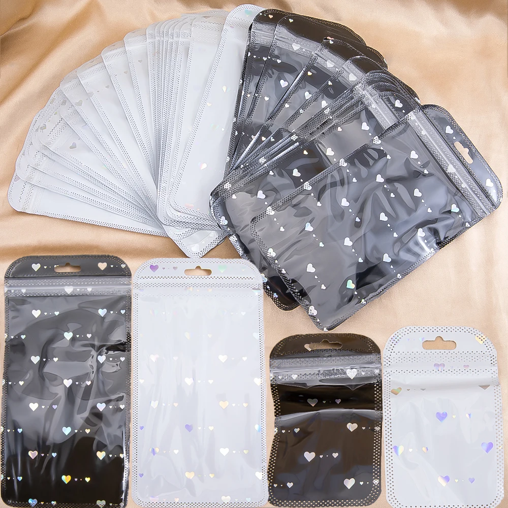 50pcs Black White Laser Heart Small jewelry Bag Zipper Bag Jewelry Pouch For Bead Product Entrepreneurship Cute Packing Supplies