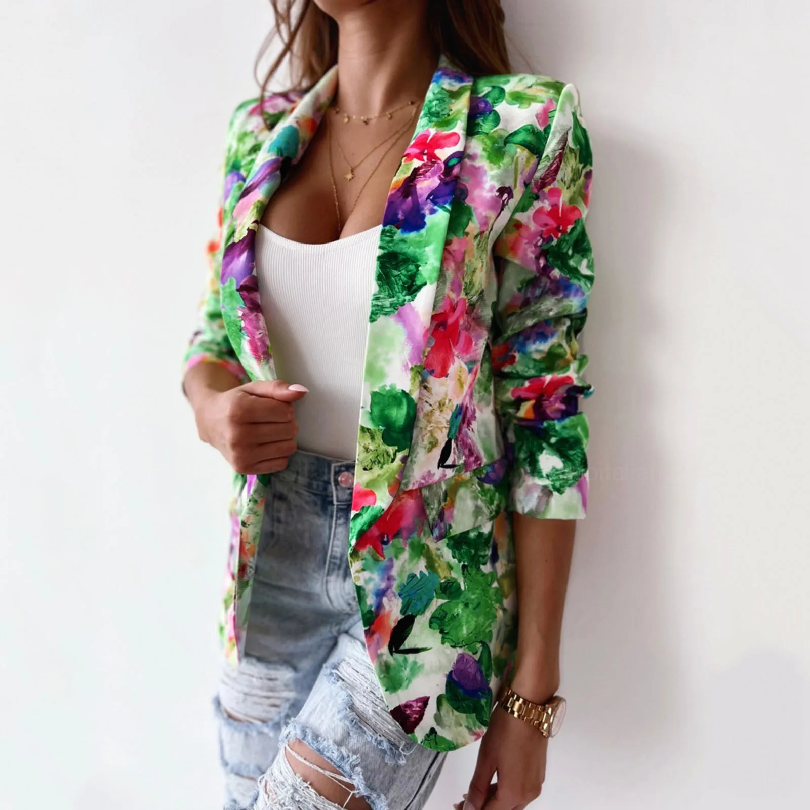 2024 New Women\'S Printed Tie-Dye Beautiful Suit Jacket Temperament Multi-Color Lapel Long-Sleeved Coat Fashion Trend Coat