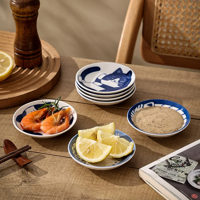 Household Dipping Dish Vinegar Dish Cute Cat Element Ceramic Snack Dish Cartoon Creative Ceramic Dish Flavor Dish Fun Decoration