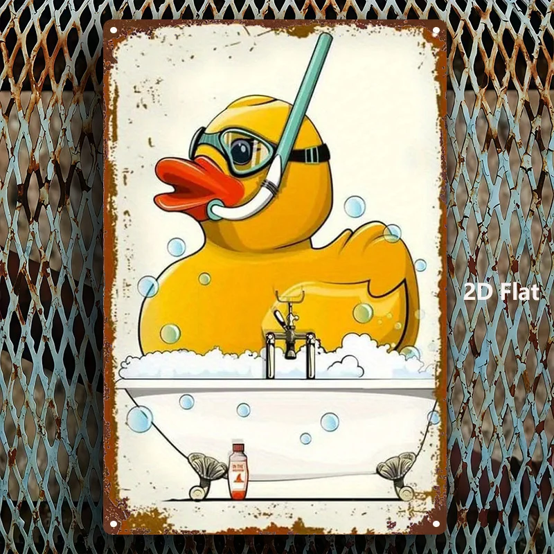 2D Flat, 1pc, Metal Sign, Cartoon Iron Plate Decor Featuring a Duck Bathing, Suitable for Bathroom, Man Cave, Bedroom, Garden
