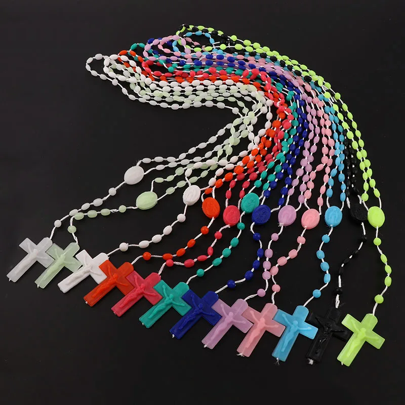 12Pcs Plastic Rosary Beads Cross with Jesus Necklace  Catholicism Prayer Religious Jewelry