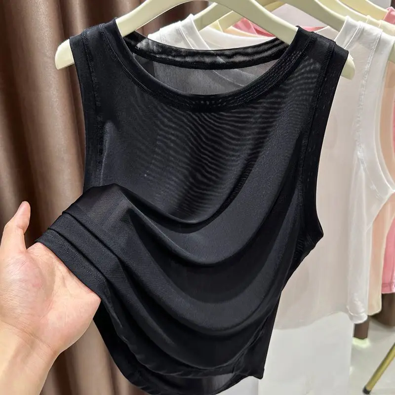 Ice Silk Mesh Sleeveless Vest Women's Summer Thin Hollow out Breathable Quick Dry T-Shirt Outerwear Cover up Base Shirt Top