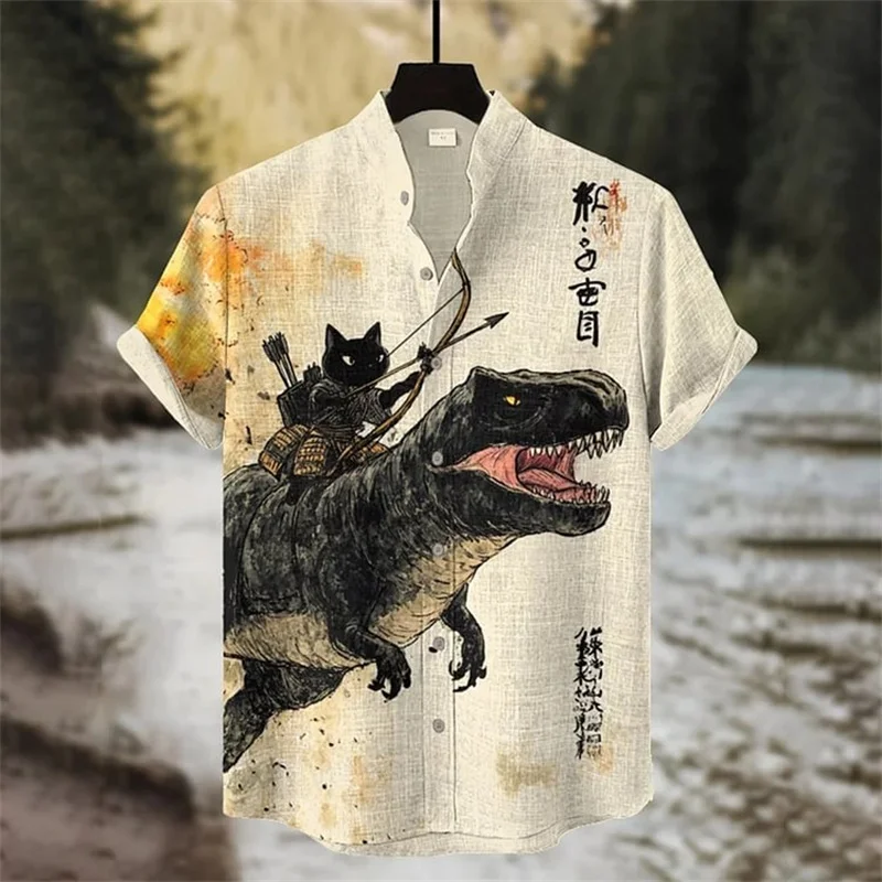 Hawaiian Style Men's Short Sleeve Shirt, Shirt Casual Linen Top, Vintage Fish Tattoo Breathable Fashion Top