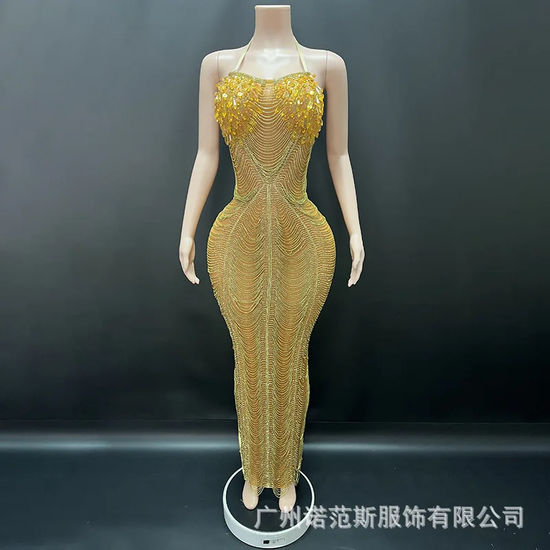 High-end Heavy Industry Water Drop Diamond Temperament Waist Dress Model Catwalk Fashion Women's Annual Meeting Dress Abendkleid