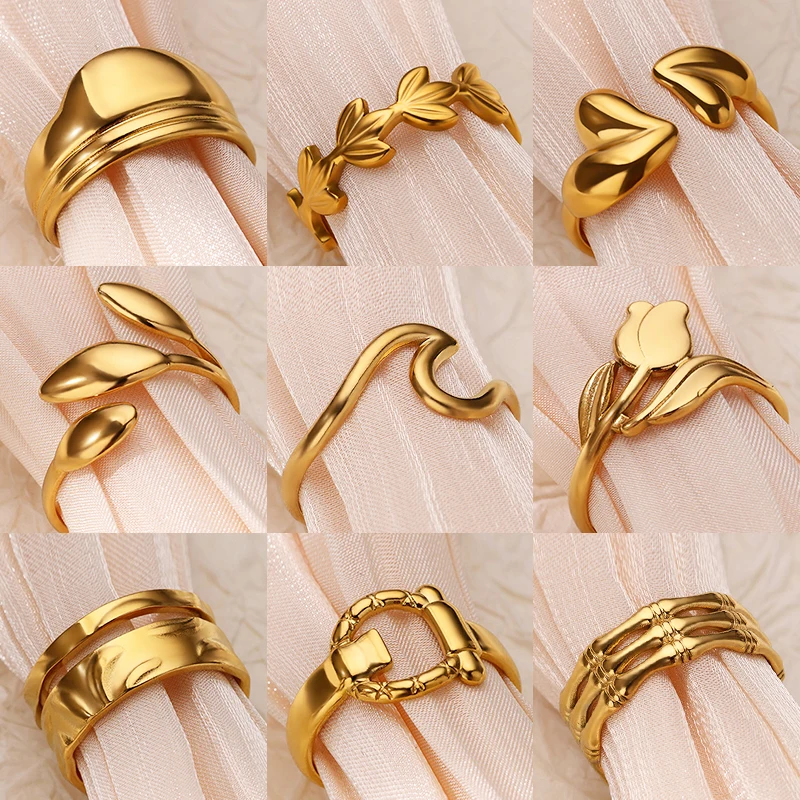 Stainless Steel Wave Rings for Women Gold Color Geometric Heart Rose Flower Wedding Ring Aesthetic Fashion Waterproof Jewelry