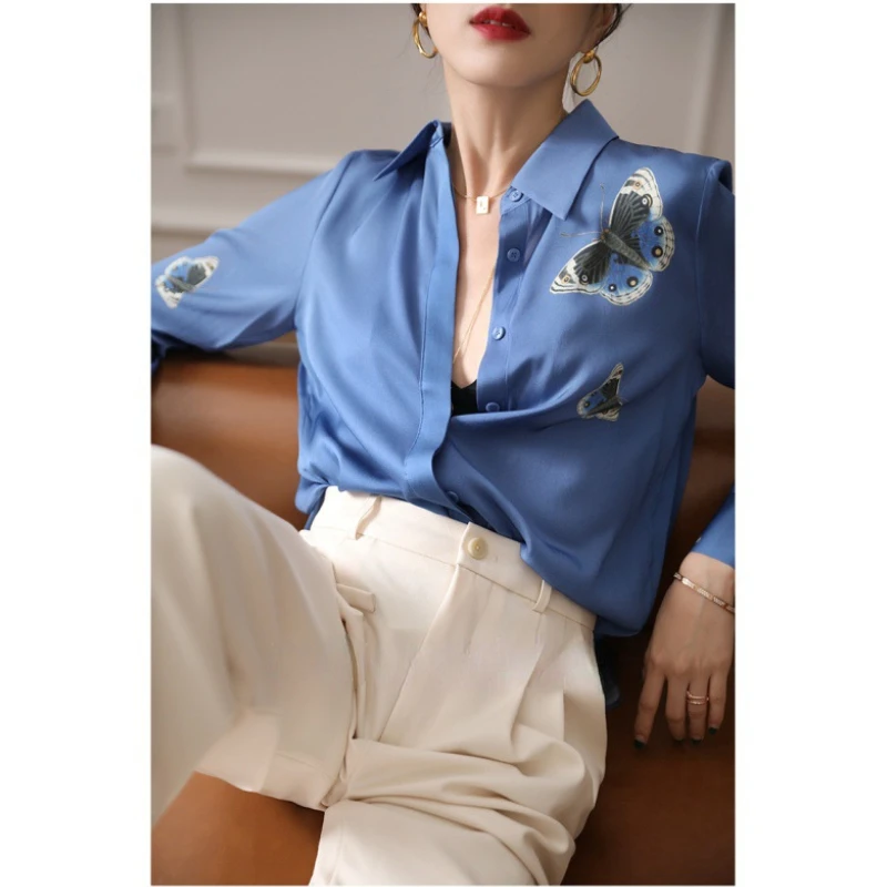 Borboleta Imprimir Camisa Chiffon Azul Primavera Verão Moda Blusa 2023 Estilo Coreano Elegante Manga Longa Turn Down Collar Shirt