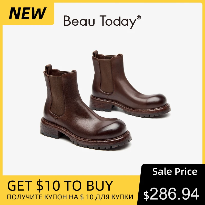 BEAUTODAY Ankle Boots Women Genuine Horse Leather Round Toe Chelsea Boots Slip-on Ladies Platform Shoes Handmade 03A62