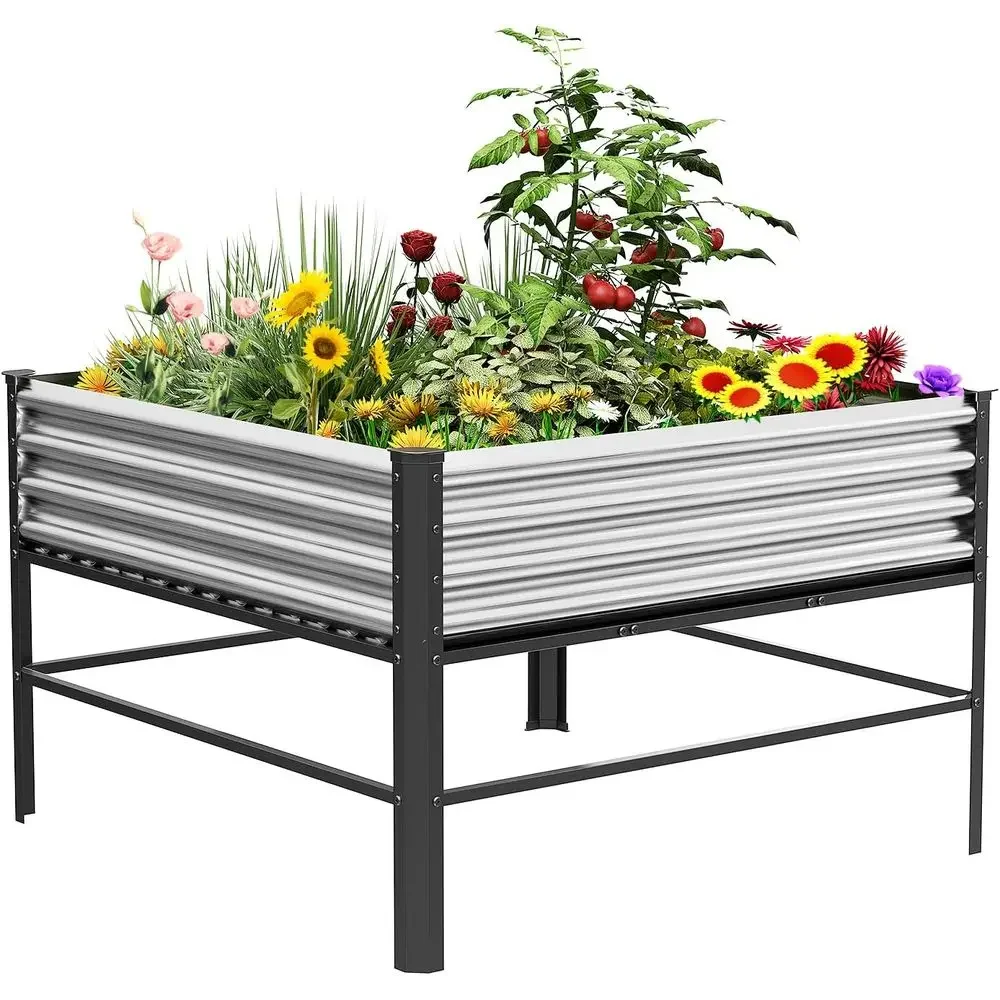 Large Outdoor Galvanized Metal Raised Garden Bed, 48x48x32in, Holds 1000lb for Plants, Vegetables, Flowers, and Fruits