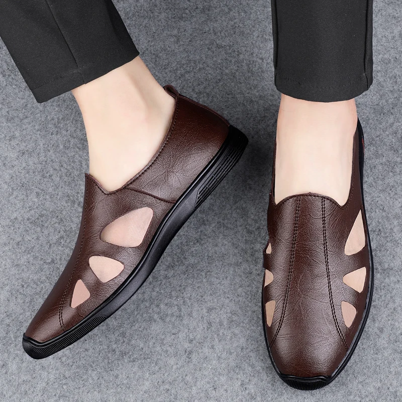 

High Quality Men Perforated Leather Sandals Business Men Sandals Breathable Soft Leather Shoes Black Summer Moccasins Men Shoes