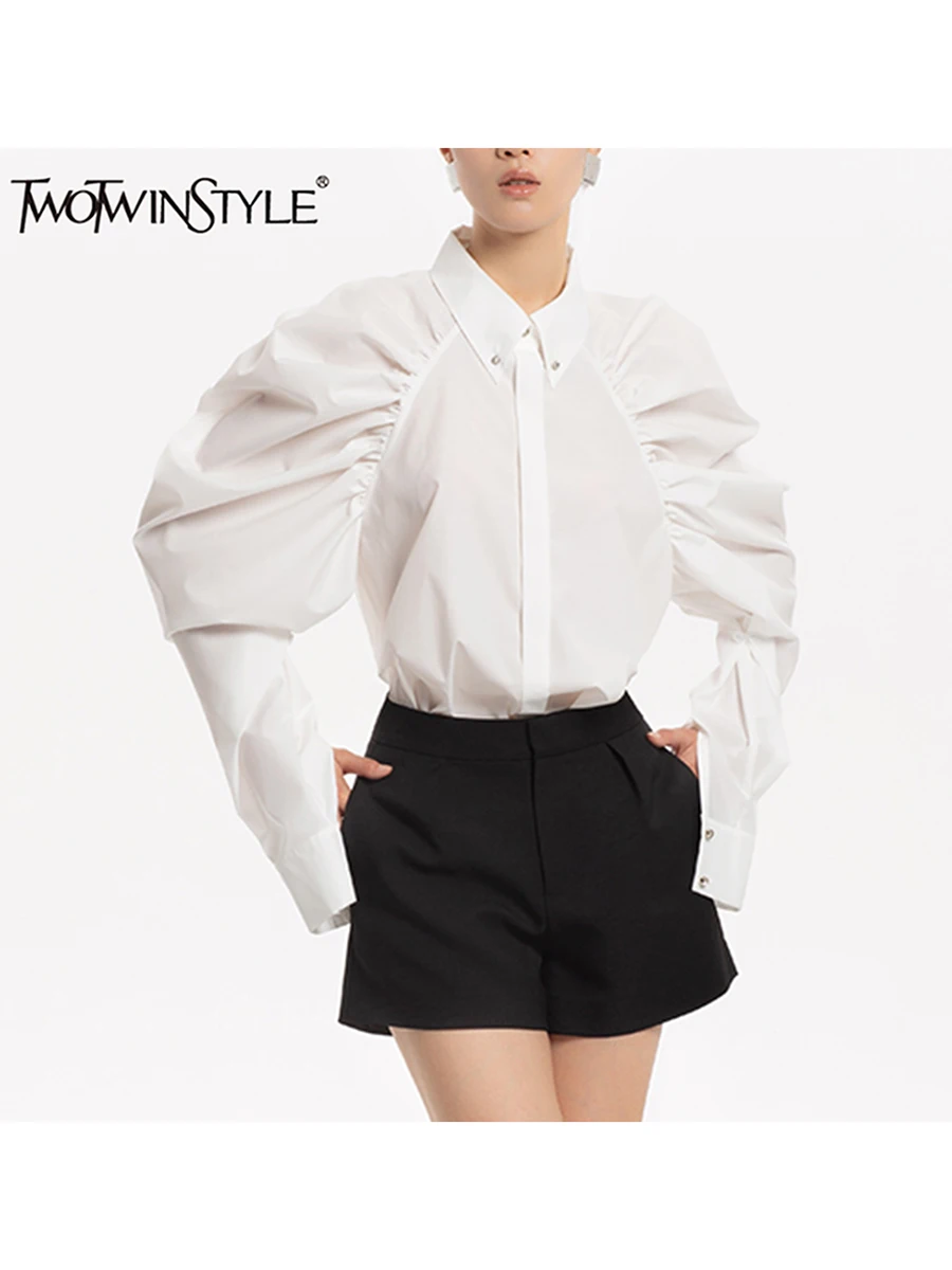 TWOTWINSTYLE Solid Spliced Folds Loose Blouse For Women Lapel Long Sleeve Temperament Casual Shirts Female Fashion Style Clothes