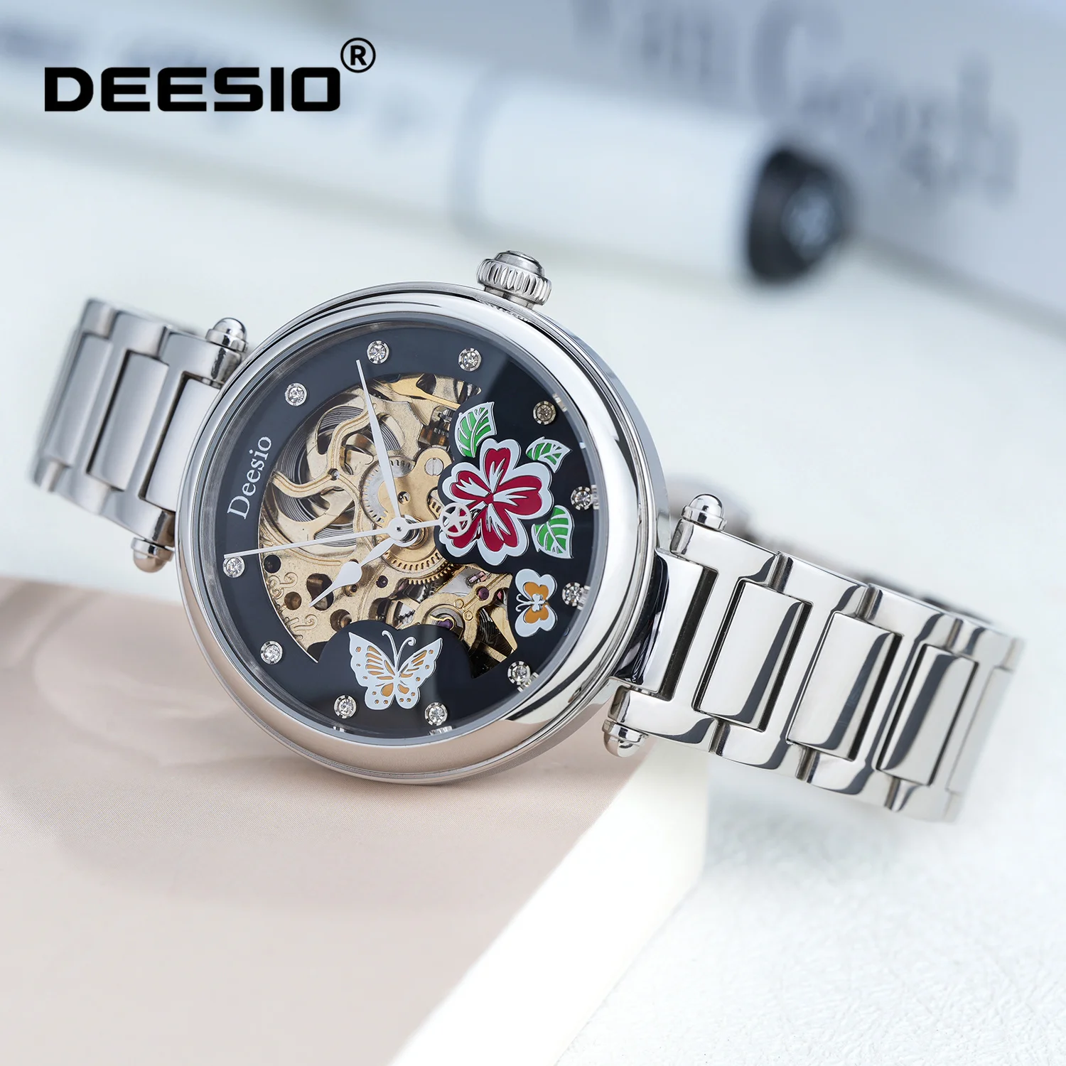 Deesio Ladies Mechanical Watch Stainless Steel Black Butterfly Flower Hollow Dial Rhinestone Markers Waterproof 30M Light Luxury